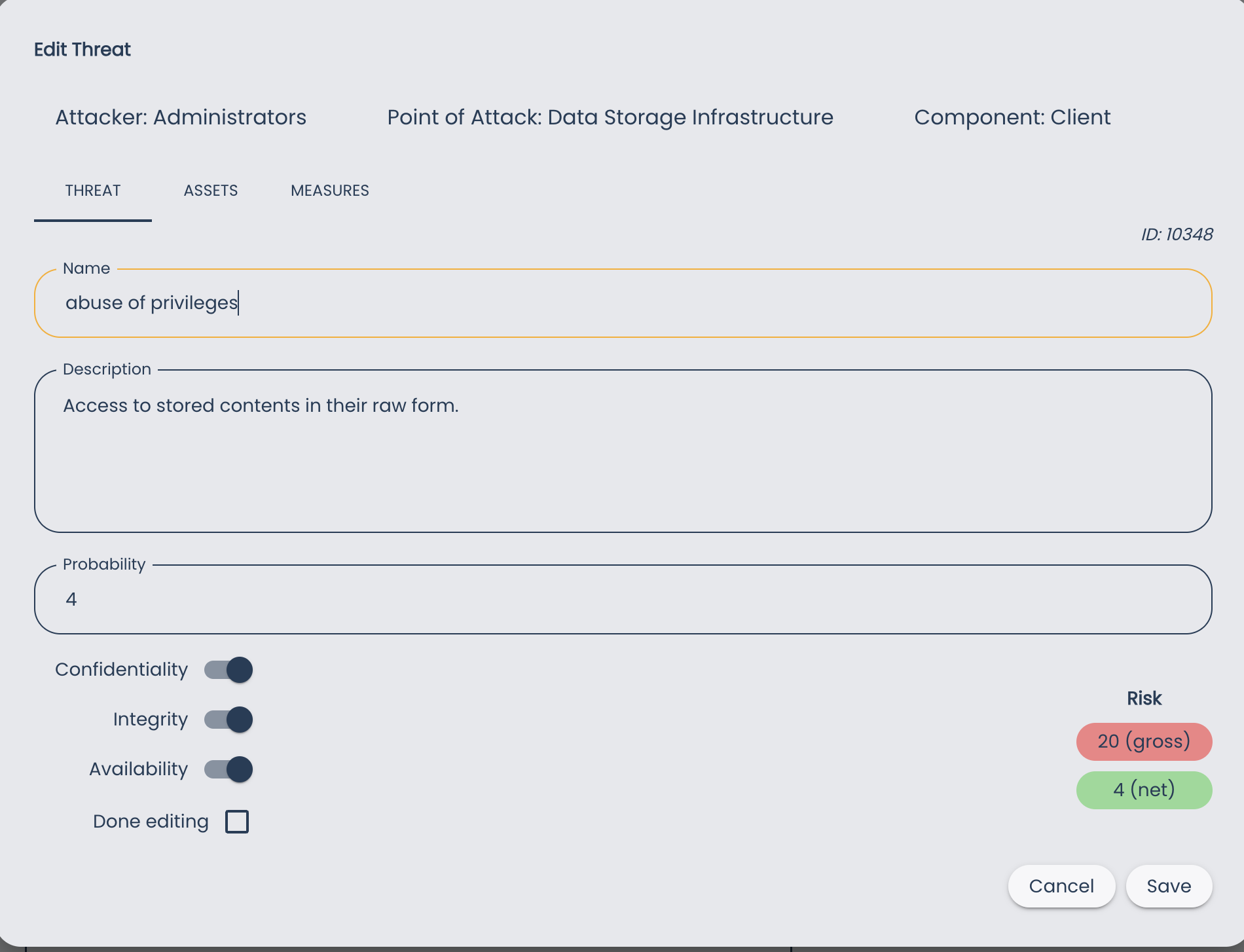 Threats Page Edit Threat Dialog Threats Page Edit Threat Dialog