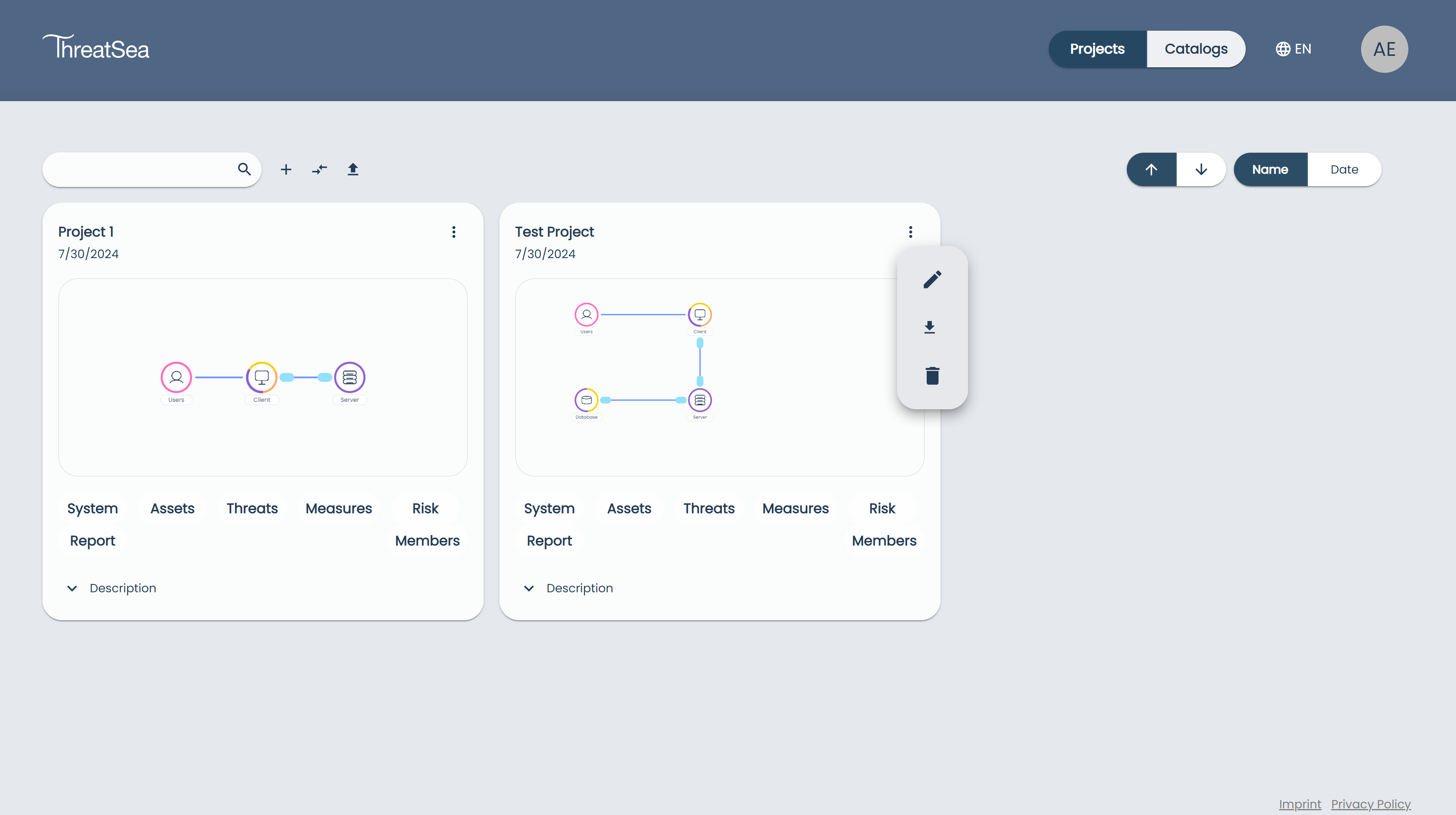 Projects Page Project Options