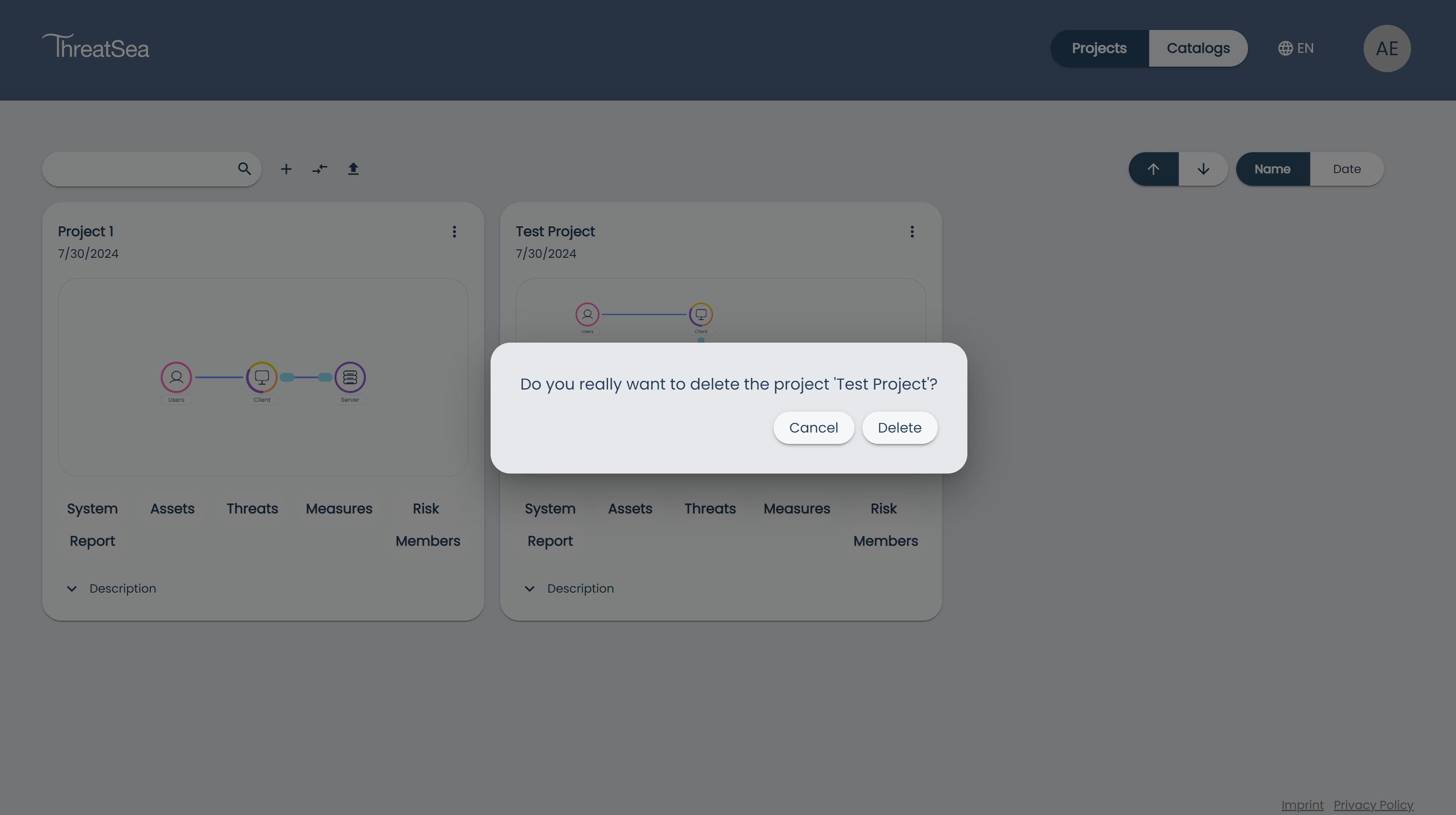 Projects Page Delete Project Cofirmation