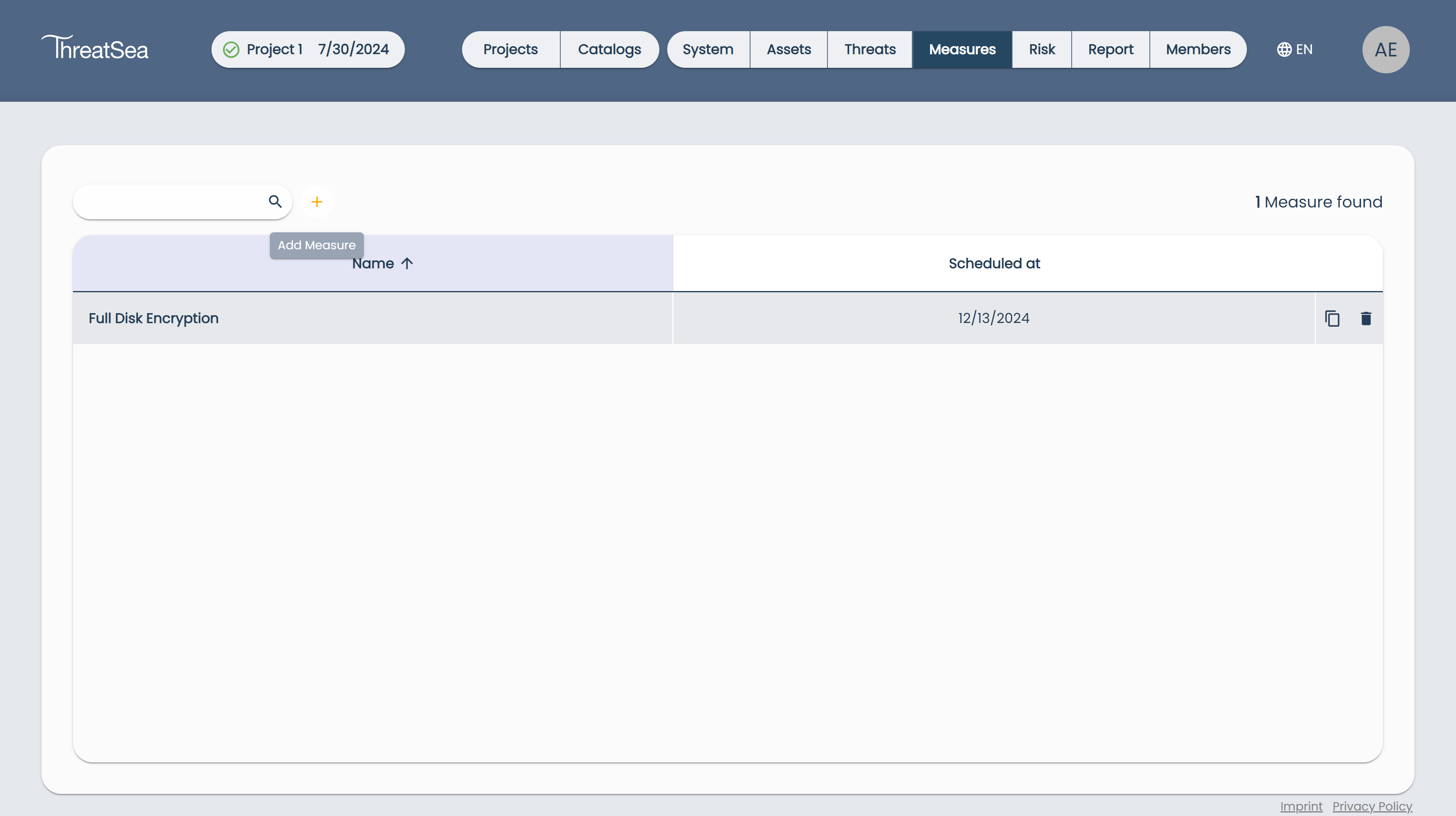 Measures Page Create Button