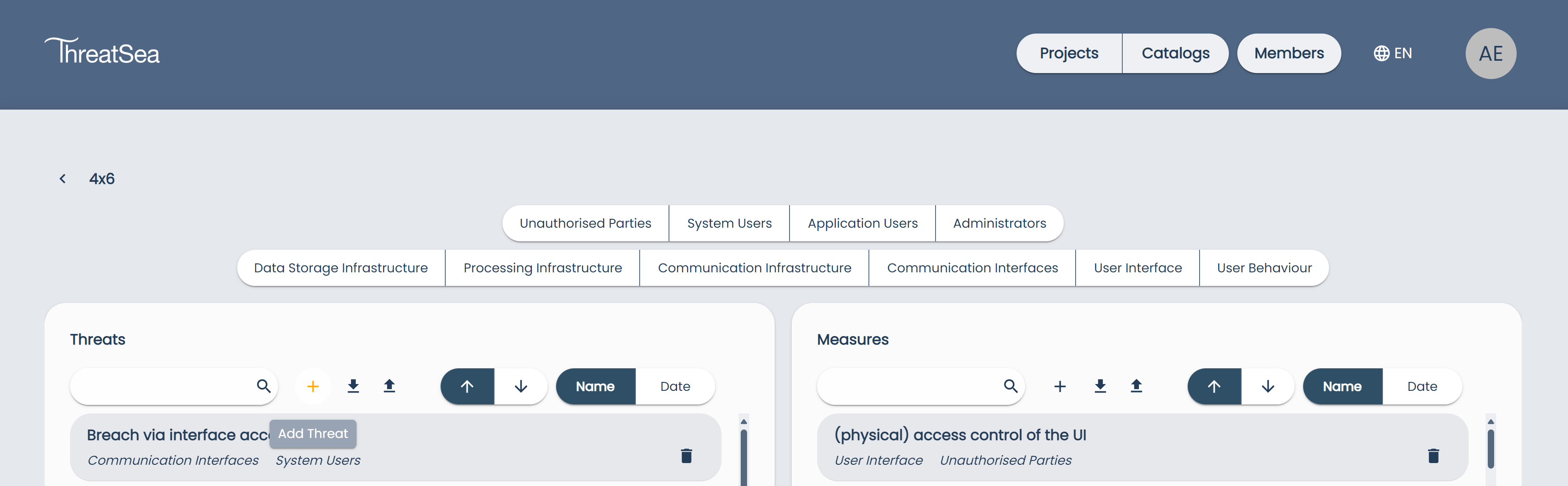 Catalogs Page Add Threats Button