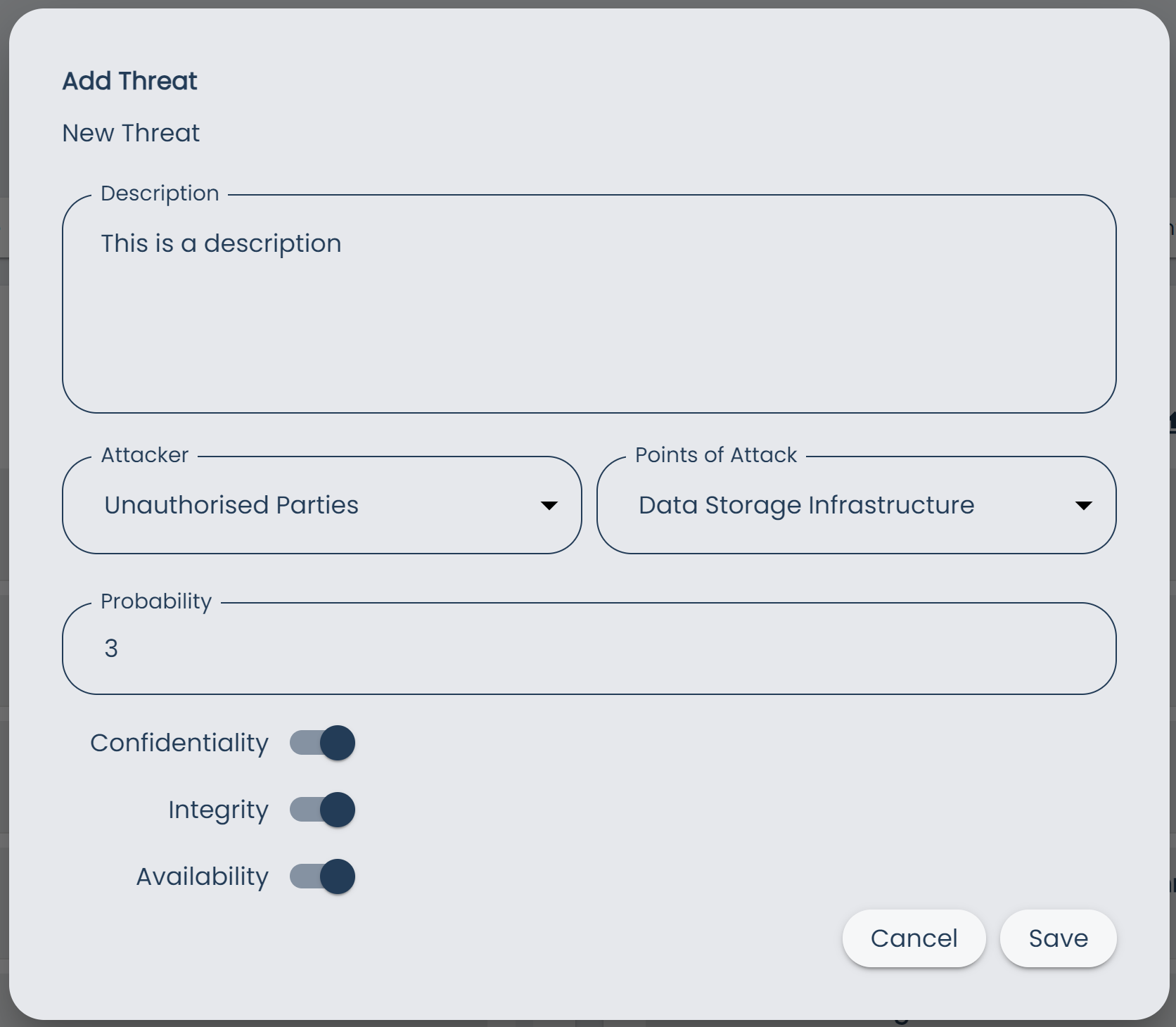 Catalogs Page Add Threat Dialog