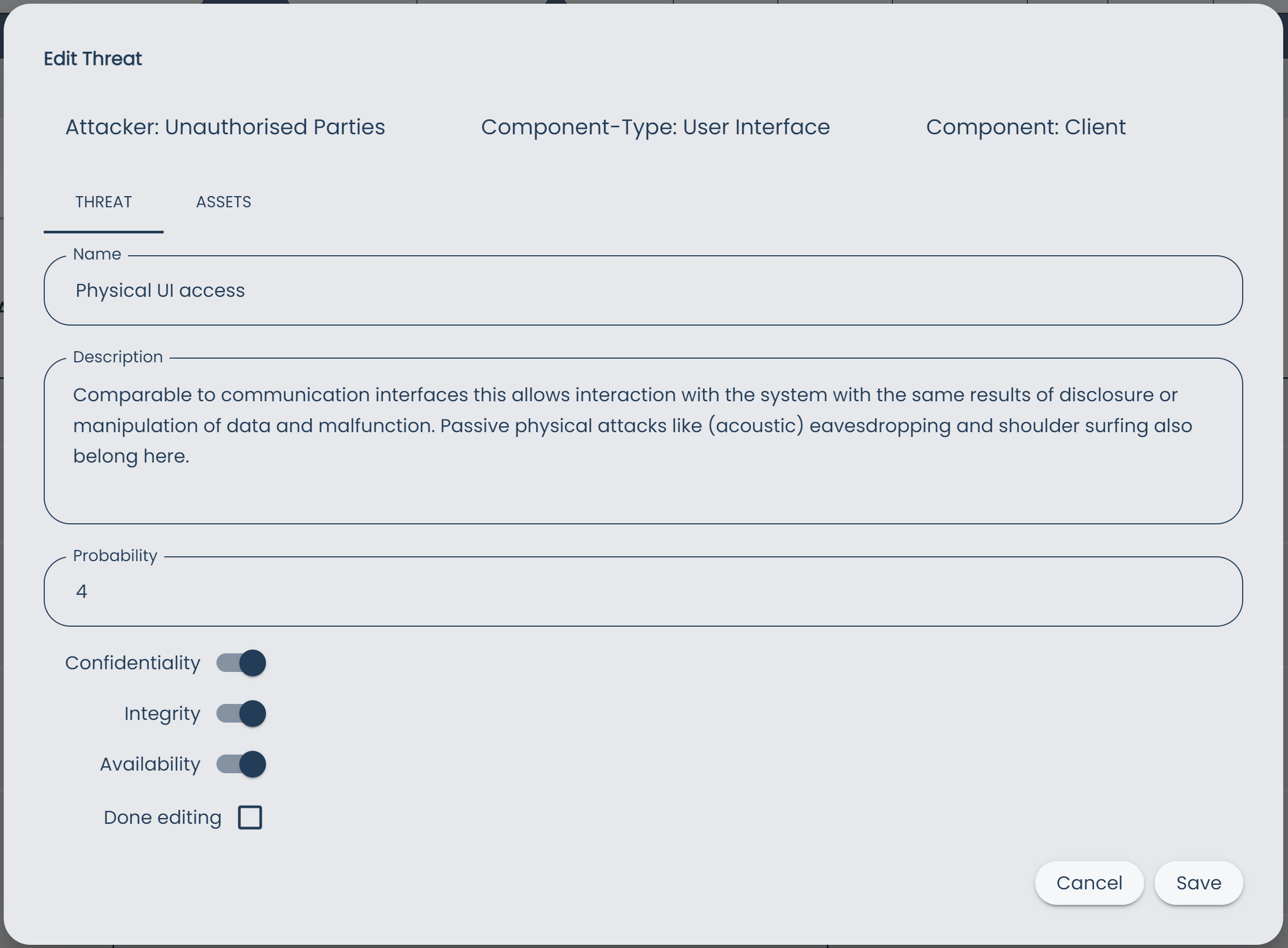 Threats Page Edit Threat Dialog