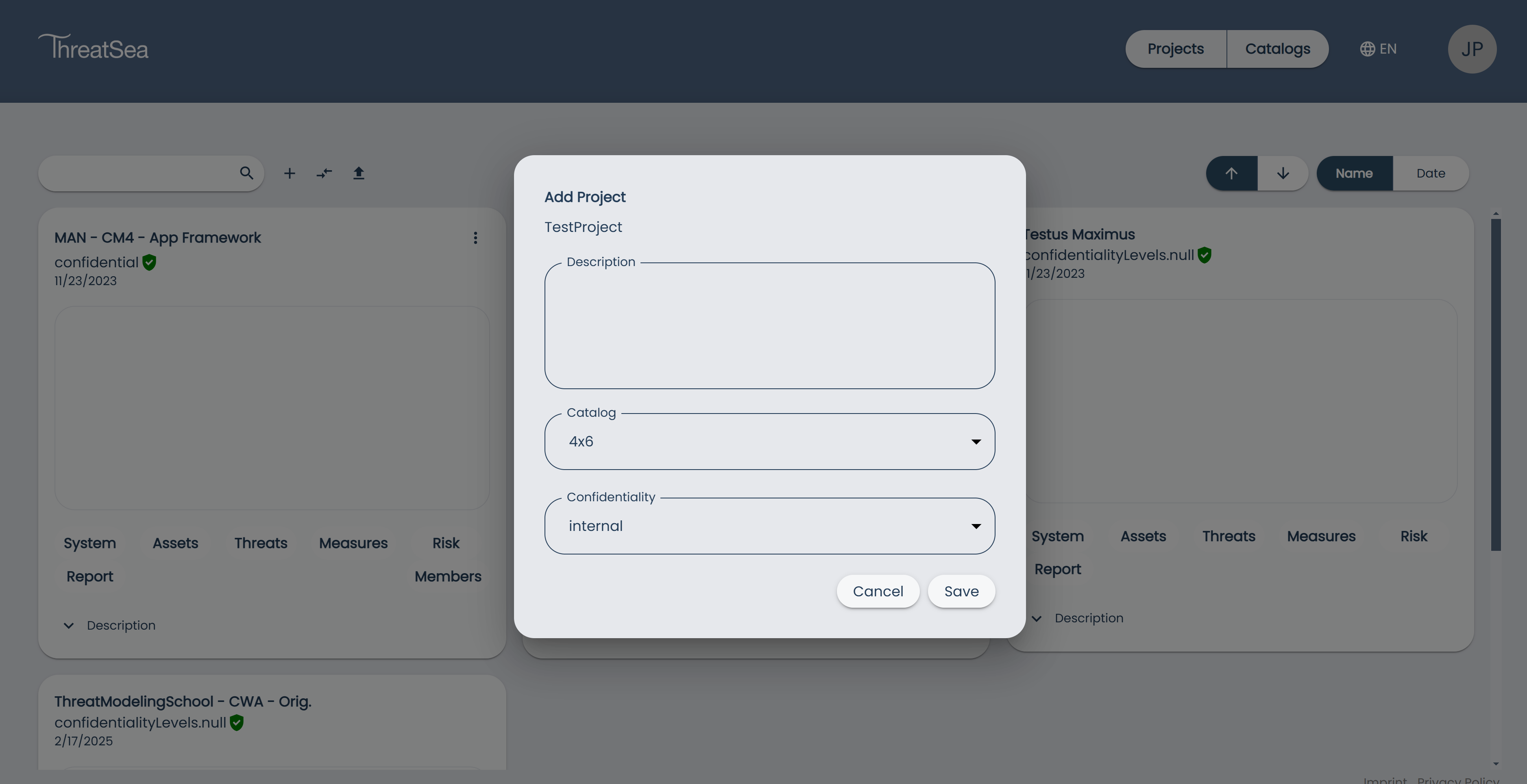 Projects Page Edit Project Dialog