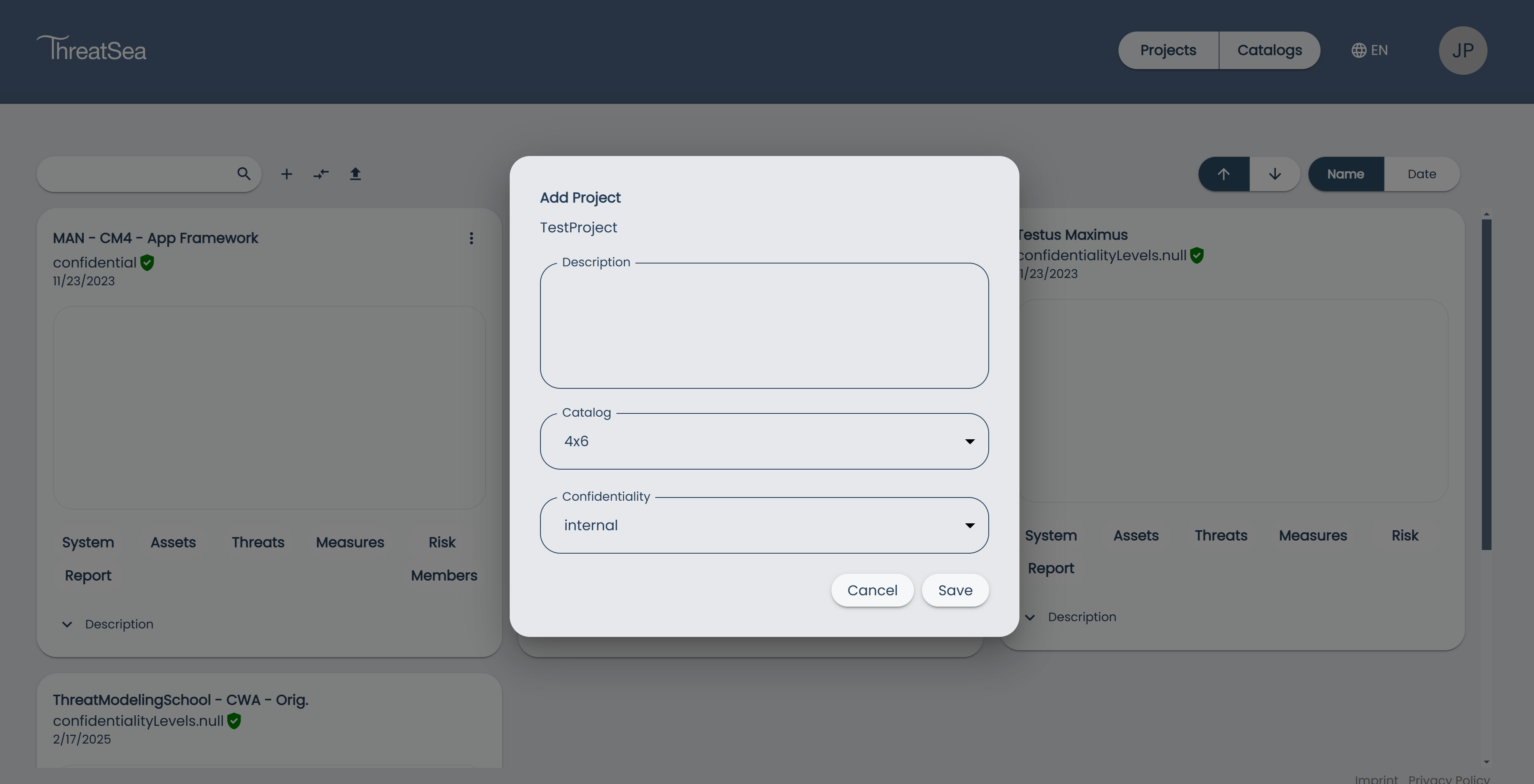 Projects Page Create Project Dialog